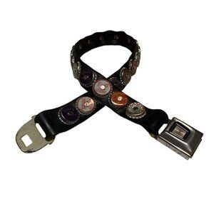 Vintage Hippie Belt Rubber Firestone Car Buckle w/Aged Bottle Caps Sz 31 Y2K 90s